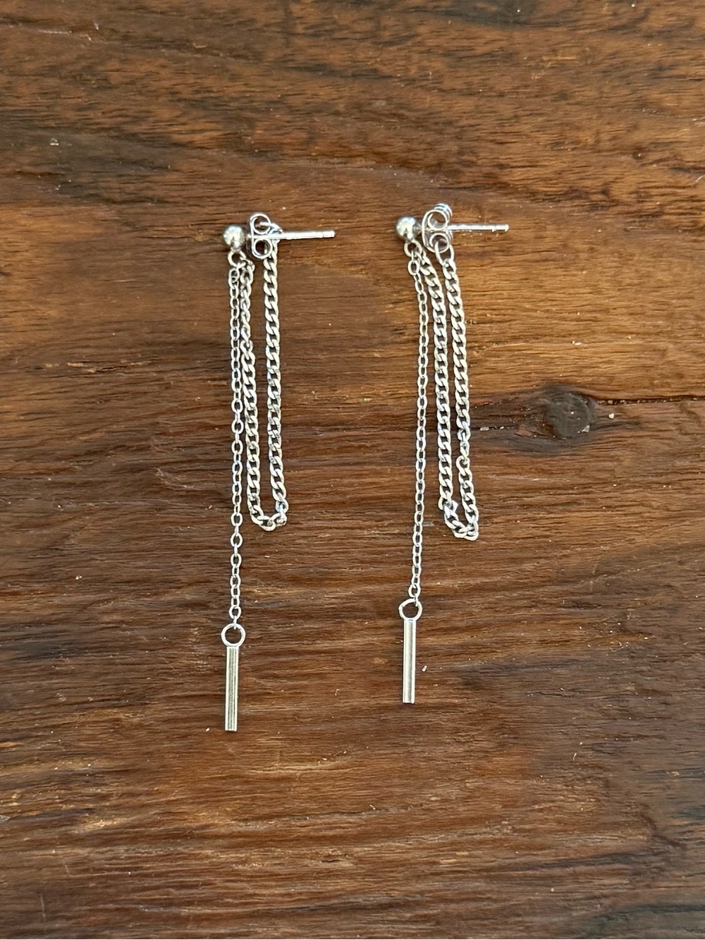 Sterling Silver 925 Dangle Chain Bar Earrings Minimalist Delicate Drop